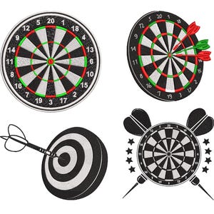 May include: Four dartboard designs. Two are circular with black and white segments, red and green accents, and numbers. One has darts embedded. The other two are black and white, one with a dart, the other with darts and stars.