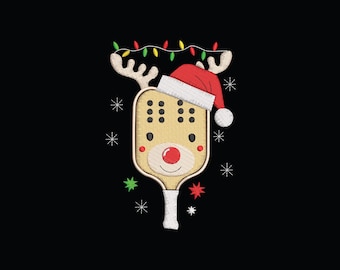 May include: Embroidered design of a pickleball paddle transformed into a reindeer, complete with antlers, a Santa hat, and a red nose. The paddle features a string of colorful Christmas lights and is surrounded by snowflakes on a black background.