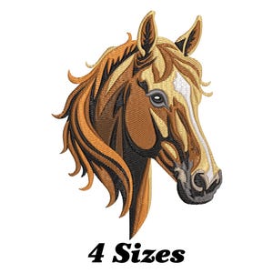 May include: Embroidered design of a brown horse head with a white star on its forehead. The horse has a long mane and a dark brown eye. The design is available in four sizes.