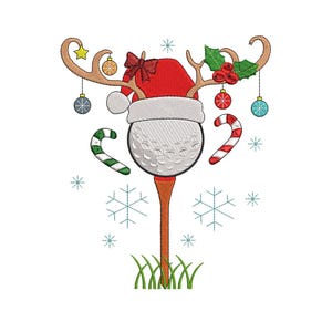 May include: Embroidered design of a golf ball on a tee, decorated with a Santa hat, reindeer antlers, and Christmas ornaments. Features candy canes, snowflakes, and green grass. Festive holiday theme.