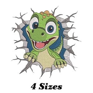 May include: Green cartoon dinosaur with a toothy grin peeking out of a cracked wall. The dinosaur has large eyes and a green body with brown spots. The wall is gray with brown cracks.