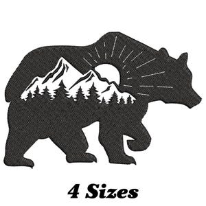 May include: Black and white silhouette of a bear with a mountain range and sun inside the bear's body. The image is for embroidery.