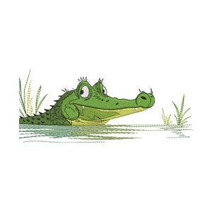 May include: An embroidered design of a green crocodile with a light yellow underbelly and large white eyes, partially submerged in water with small tufts of green grass visible on both sides of the creature against a plain white background.