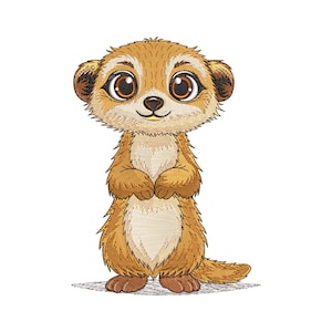 Peut inclure: Motif brodé d'un suricate de dessin animé aux grands yeux expressifs et au sourire amical. Le suricate est représenté dans des tons bruns et beiges, debout, les pattes jointes. Le motif est sur fond blanc.