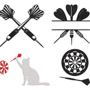 Op de afbeelding: Een verzameling dart-thema graphics in zwart en wit. Inclusief gekruiste darts, een dartbord, darts met een banner en een kat die een dart gooit. Ideaal voor sportliefhebbers.