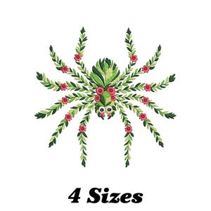 May include: Embroidered design of a spider made of green leaves and pink flowers. The spider has a cartoon-like face with large eyes. The design is available in four sizes.