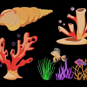 May include: An embroidered design featuring various marine elements on a black background. The design includes a seashell, coral, sea plants, and fish. The color palette consists of orange, yellow, green, purple, and blue.