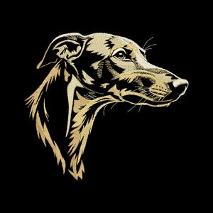 Puede incluir: Imagen bordada en hilo dorado de la cabeza de un perro de perfil sobre fondo negro. Los detalles del bordado resaltan los rasgos del perro, creando un efecto de textura. Una obra de arte decorativa, adecuada para diversas aplicaciones.