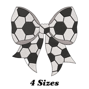 May include: An embroidered bow design featuring a soccer ball pattern in black and white. The bow is detailed with a gray outline and the text "4 Sizes" is displayed below the bow.