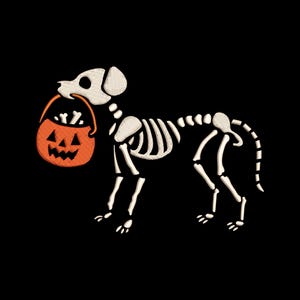 May include: An embroidery design featuring a white skeleton of a dog standing in profile. The skeletal dog holds an orange jack-o'-lantern bucket in its mouth, which is filled with white bone shapes, all set against a solid black background.