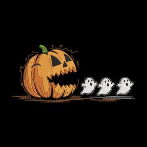 Desenho de bordado de Halloween: Abóbora engraçada perseguindo fantasmas, desenho de bordado à máquina de abóbora perseguindo fantasmas para o Halloween, download instantâneo