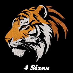 May include: A stylized embroidery design of a tiger's head in orange and white, with the text "4 Sizes" below.