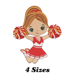 May include: A red and white cheerleader outfit with pom-poms. The cheerleader has blonde hair and is wearing a red skirt with white trim. The pom-poms are red and yellow.