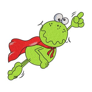 Könnte beinhalten: Ein gestickter Aufnäher mit einem hellgrünen Cartoon-Frosch, der einen wehenden roten Umhang trägt. Der Frosch ist in einer Flugpose mit einem nach oben gestreckten Arm dargestellt, hat große weiße Augen mit schwarzen Pupillen und eine Stickstruktur.
