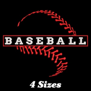 May include: Red baseball stitch design with the word "BASEBALL" in white text on a black background. 4 Sizes.