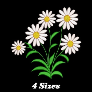 May include: A bouquet of five white daisies with yellow centers, arranged on green stems against a black background. The text "4 Sizes" is below the flowers.