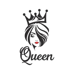 May include: Black and white embroidered design featuring a woman's face with a crown, red lips, and the word "Queen" in cursive. The design is on a white background, suitable for apparel or accessories.