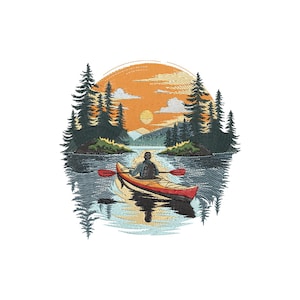 May include: An embroidered design of a kayaker on a lake at sunset. The kayak is orange and red, with the person facing away. The background includes trees, mountains, and a setting sun, creating a tranquil scene.