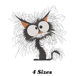 May include: Embroidered design of a black cat with large, round eyes and a messy, fluffy coat. The cat has a surprised expression and is standing on all fours.