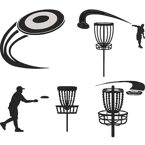 Op de afbeelding: Zwart-wit illustraties van discgolf-elementen. De afbeelding bevat een vliegende schijf, een discgolfmand en een persoon die een schijf gooit. Het ontwerp is geschikt voor kleding of accessoires.