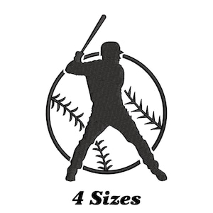 May include: Black and white silhouette of a baseball player swinging a bat, inside a circle representing a baseball. The text "4 Sizes" is below the image.
