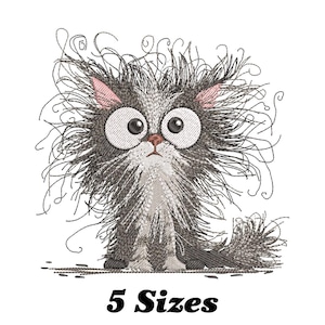 May include: Embroidered design of a cartoon cat with large eyes and a messy, fluffy coat. The cat is standing on a white background. The text "5 Sizes" is below the cat.