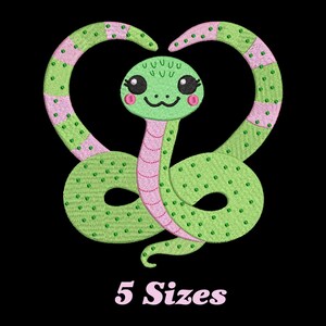 May include: An embroidered design of a cute green snake with a pink and green heart-shaped pattern. The snake has a smiling face against a black background. The text "5 Sizes" is below the snake.