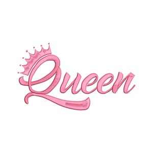 May include: A pink embroidered design featuring the word "Queen" in a cursive font, topped with a crown. The design is set against a white background. This design is suitable for apparel and accessories.