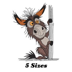 May include: A cartoon donkey with brown fur and orange ears peeks around a wooden post. The donkey has a surprised expression with large, yellow eyes. The image includes the text "5 Sizes".