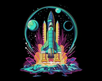 Rocket Ship Embroidery Design, Rocket Ship Machine Embroidery Design, 4 sizes Instant Download