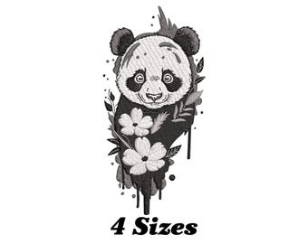 Puede incluir: Diseño de bordado en blanco y negro de un oso panda con flores y hojas. El diseño tiene un efecto acuarela y está disponible en cuatro tamaños.