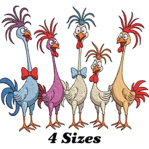 May include: Five cartoon roosters with different colored feathers and bow ties. The roosters are standing in a row and looking to the right. The text "4 Sizes" is below the roosters.