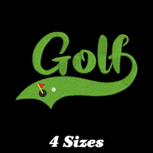 May include: Green embroidered design of the word "Golf" with a golf ball and flag on a green putting green. The text "4 Sizes" is below the design.