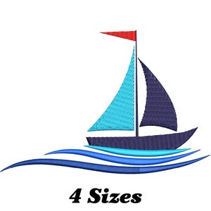 May include: Embroidered design of a blue sailboat with a red flag, sailing on blue waves. The design is available in four sizes.
