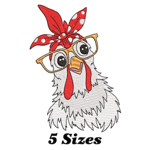 May include: Embroidered design of a white chicken with red wattle and comb, wearing a red and white polka dot bandana and gold-rimmed glasses. The design includes the text "5 Sizes".