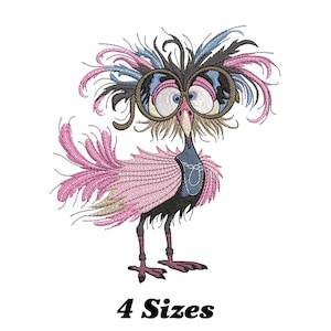 May include: Embroidered design of a pink and blue bird with large round glasses. The bird has a black body and a long neck. The design is available in four sizes.