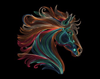 カラフルな馬のアウトライン刺繍デザイン、馬の機械刺繍デザイン、4つのサイズ、即時ダウンロード