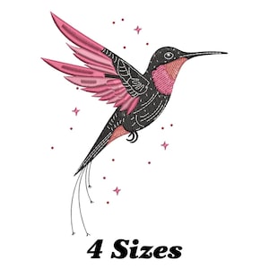 May include: Embroidered design of a pink and black hummingbird with a long tail, flying against a white background with small pink stars.