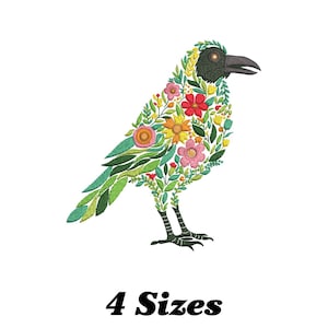May include: Embroidered design of a black crow with a floral pattern in shades of green, yellow, pink, and red. The design includes the text "4 Sizes".