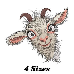 May include: Embroidered design of a white goat with brown horns and pink ears, looking directly at the viewer with a playful smile. The goat's fur is detailed with individual strands, giving it a realistic appearance.