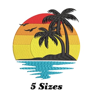 May include: Embroidered design of a sunset with two palm trees and a blue ocean. The design is in a retro style with a yellow, orange, and red sunset.