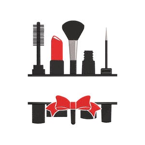 May include: An illustration of makeup tools, including a mascara wand, lipstick, makeup brush, nail polish, and eyeliner. A red bow is below the makeup tools. The image is in black and red.