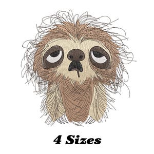 May include: Embroidered design of a sloth with a sleepy expression, featuring brown and tan fur and large, droopy eyes. The text "4 Sizes" is displayed below the sloth.