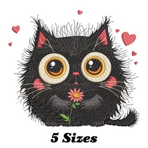 May include: Embroidered design of a black cat with large eyes holding a pink flower. The cat has pink cheeks and is surrounded by red hearts.