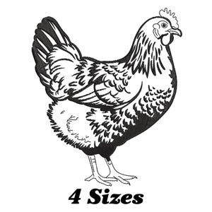 May include: Black and white line art illustration of a chicken. The chicken is facing right and has a detailed design. The image includes the text "4 Sizes".