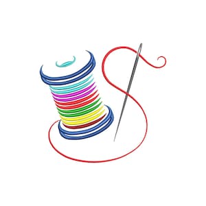 May include: A colourful spool of thread with a needle and red thread. The thread is a rainbow of colours, including blue, teal, pink, red, yellow, and green. The needle is silver and the thread is red.