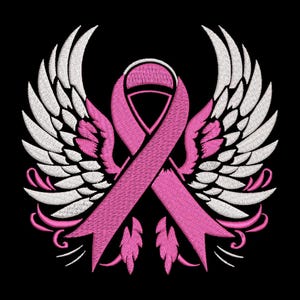 May include: Embroidered pink ribbon with white angel wings on a black background. The ribbon is a symbol of breast cancer awareness. The wings are detailed with white stitching, and the design includes decorative flourishes.