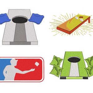Puede incluir: Un conjunto de diseños bordados que representan elementos del juego de cornhole. Incluye un tablero de cornhole con sacos azules, un tablero con sacos, un logotipo de la Liga Mayor de Béisbol con un jugador lanzando un saco y un tablero verde con sacos.