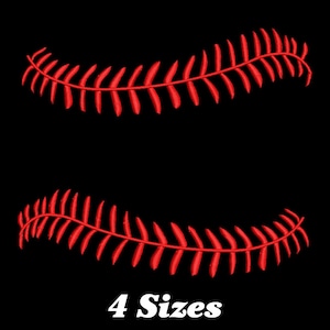 May include: Two red baseball stitch designs on a black background. The text "4 Sizes" is below the designs.