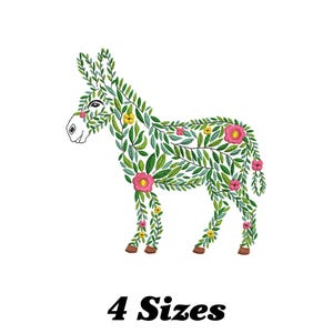 Op de afbeelding: Een ezel silhouet gemaakt van groene bladeren en roze bloemen. De ezel staat op een witte achtergrond. 4 Formaten.